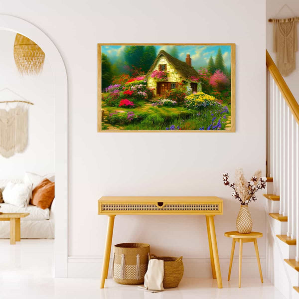 Malen nach Zahlen - Blumenhaus, Vintage - hochwertige Leinwand - Horizontal, Landschaft, Wald