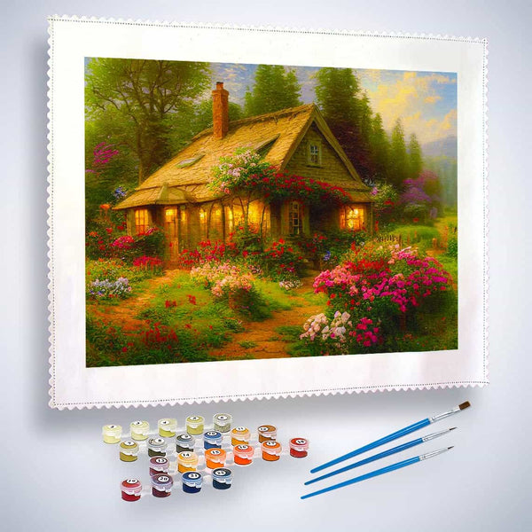 Malen nach Zahlen - Rosenhäuschen, Vintage - hochwertige Leinwand - Horizontal, Landschaft, Wald