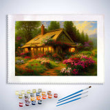 Malen nach Zahlen - Rosenhäuschen, Vintage - hochwertige Leinwand - Horizontal, Landschaft, Wald