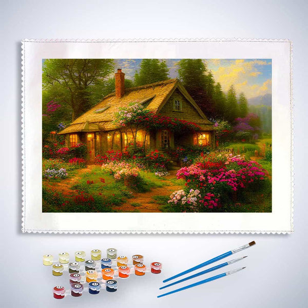 Malen nach Zahlen - Rosenhäuschen, Vintage - hochwertige Leinwand - Horizontal, Landschaft, Wald