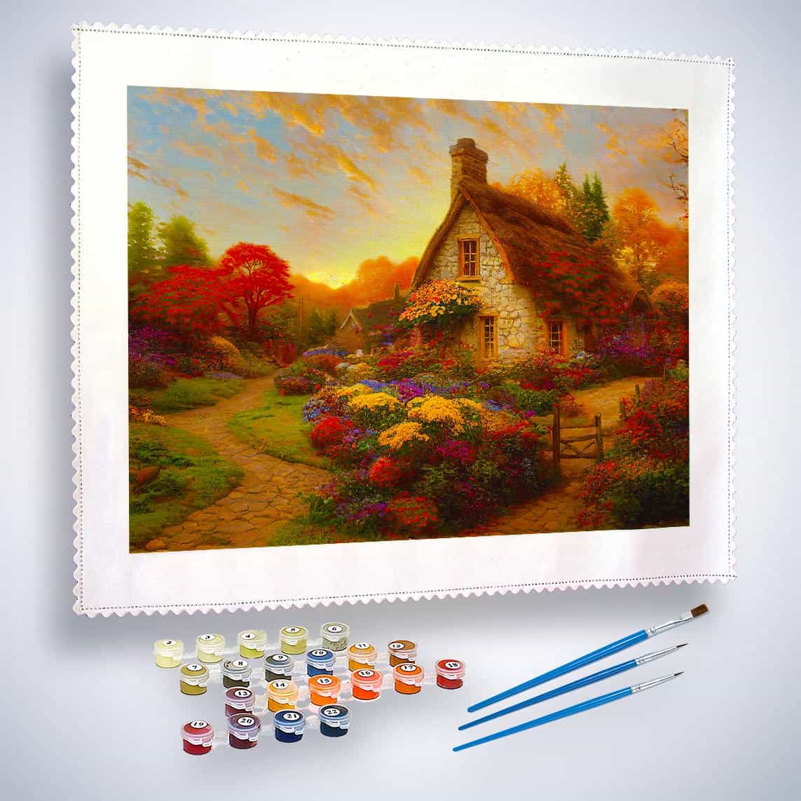 Malen nach Zahlen - Häuschen im Sonnenuntergang - hochwertige Leinwand - Horizontal, Landschaft, Wald