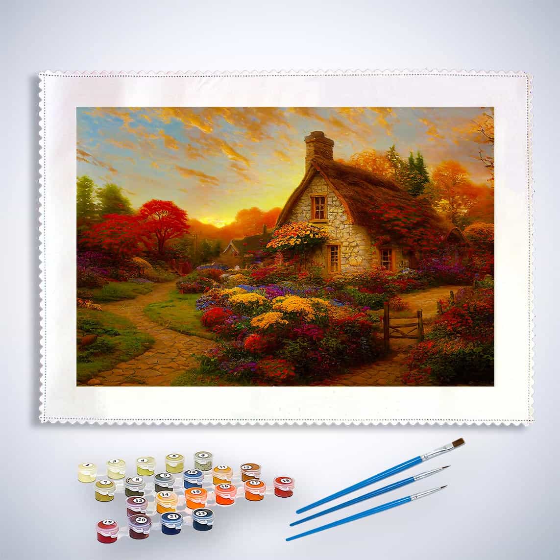 Malen nach Zahlen - Häuschen im Sonnenuntergang - hochwertige Leinwand - Horizontal, Landschaft, Wald