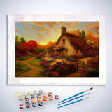 Malen nach Zahlen - Häuschen im Sonnenuntergang - hochwertige Leinwand - Horizontal, Landschaft, Wald