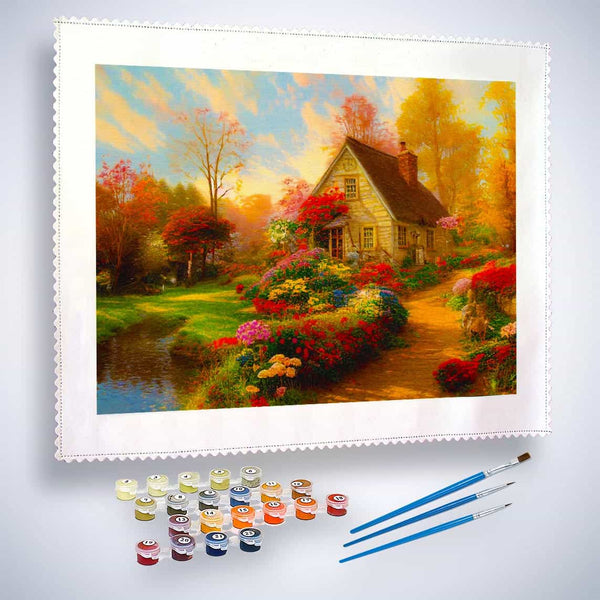 Malen nach Zahlen - Blumenweg zum Haus am See - hochwertige Leinwand - Blumen, Horizontal, Landschaft