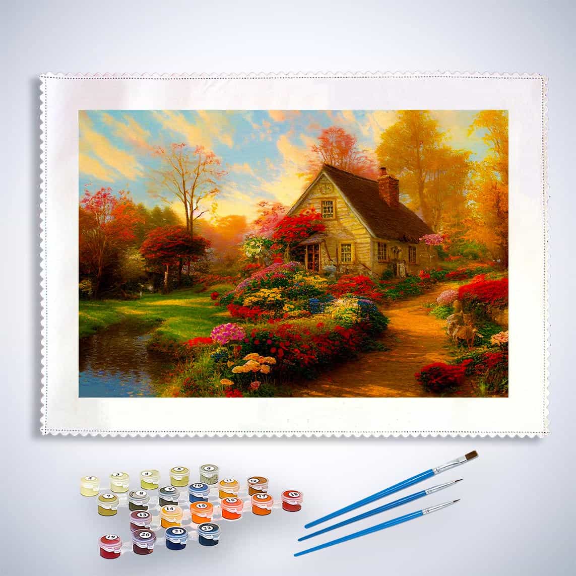 Malen nach Zahlen - Blumenweg zum Haus am See - hochwertige Leinwand - Blumen, Horizontal, Landschaft