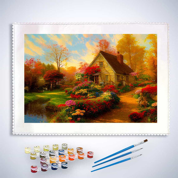 Malen nach Zahlen - Blumenweg zum Haus am See - hochwertige Leinwand - Blumen, Horizontal, Landschaft