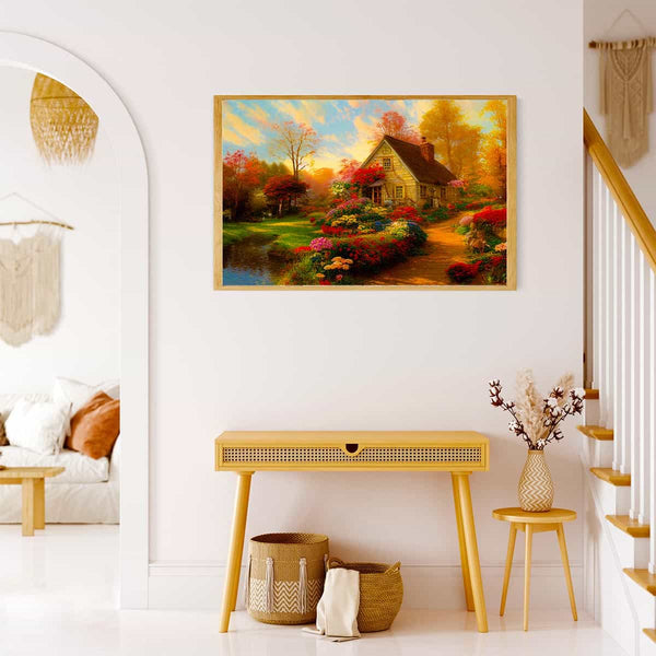 Malen nach Zahlen - Blumenweg zum Haus am See - hochwertige Leinwand - Blumen, Horizontal, Landschaft