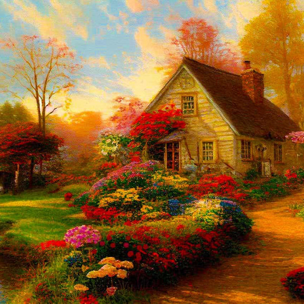 Malen nach Zahlen - Blumenweg zum Haus am See - hochwertige Leinwand - Blumen, Horizontal, Landschaft