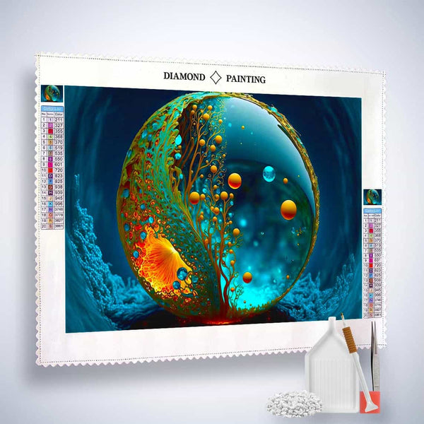 Diamond Painting Kit - Drops World design with professional canvas, acrylic diamonds, tweezers, and application pen for a sparkling art experience.