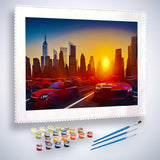 Malen nach Zahlen - Skyline im Sonnenuntergang - hochwertige Leinwand - Auto, Horizontal, Neu eingetroffen, Städte