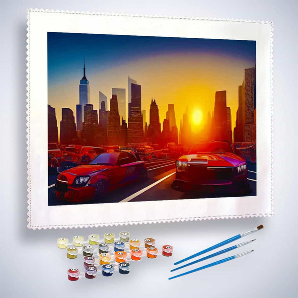 Malen nach Zahlen - Skyline im Sonnenuntergang - hochwertige Leinwand - Auto, Horizontal, Neu eingetroffen, Städte