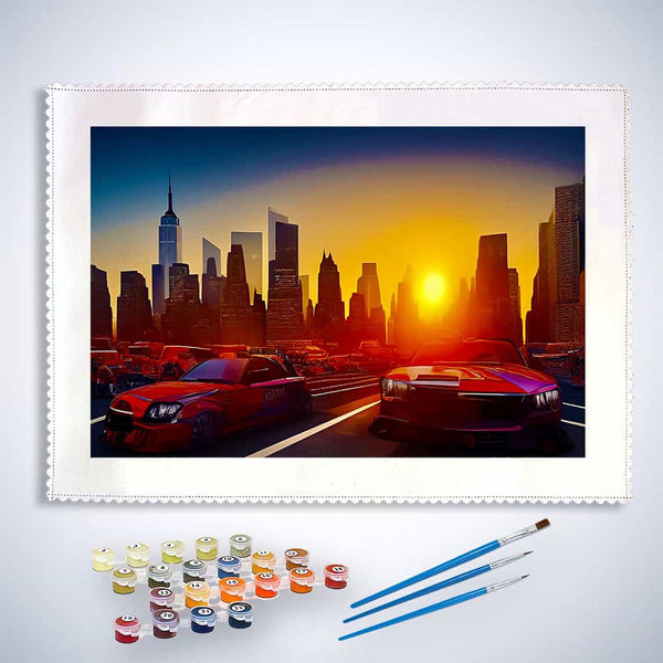 Malen nach Zahlen - Skyline im Sonnenuntergang - hochwertige Leinwand - Auto, Horizontal, Neu eingetroffen, Städte