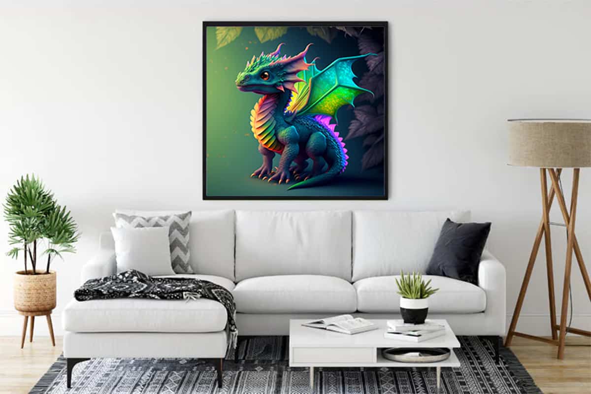 Dragon-themed diamond painting on canvas displayed in a modern living room above a white sofa