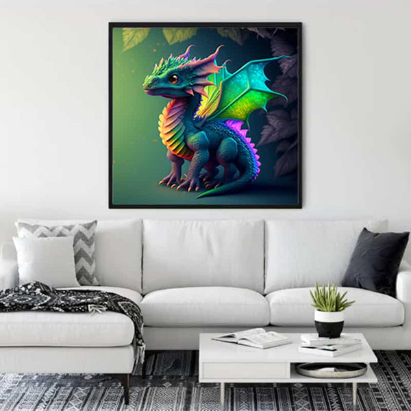 Dragon-themed diamond painting on canvas displayed in a modern living room above a white sofa