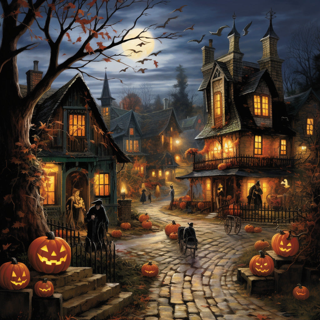 Spooky Halloween village scene in Paint by Numbers kit with glowing pumpkins, eerie houses, and moonlit sky.