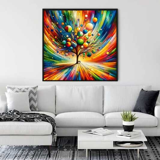 Paint by Numbers - Tree of Life of Color Magic wall art in a living room with abstract colorful tree painting above a white sofa