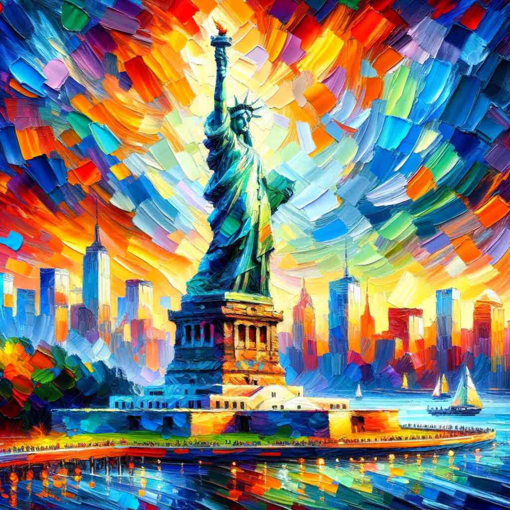 Paint by Numbers - Colorful Expressionist painting of Statue of Liberty in vibrant blues, reds, and yellows against New York City's skyline.