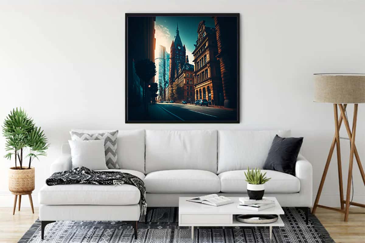 Diamond painting of Hamburg street scene displayed in a modern living room setting with a cozy white sofa and stylish decor.