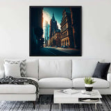 Diamond painting of Hamburg street scene displayed in a modern living room setting with a cozy white sofa and stylish decor.