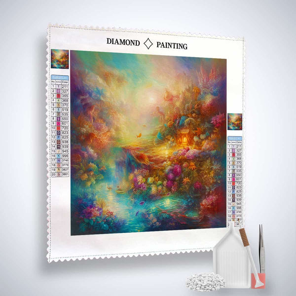 Diamond Painting - Grove of Dreams kit with a colorful landscape design, professional canvas, acrylic diamonds, tweezers, and application tools.