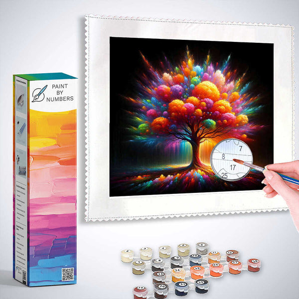 Paint by Numbers - Tree of Life of Imagination kit with vibrant and colorful tree painting, numbered paint pots, and a brush for guided creativity.