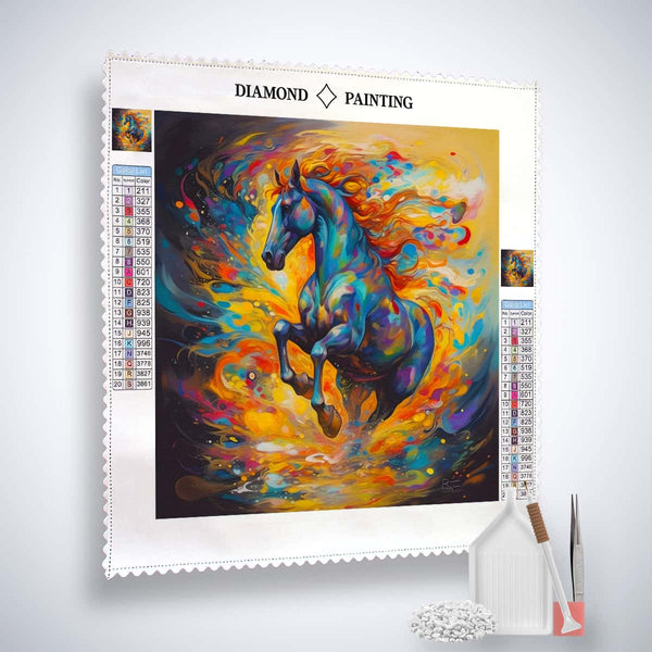 Diamond painting kit featuring a vibrant galloping horse design with included canvas, acrylic diamonds, tweezers, and application pen.