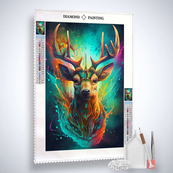 AB Diamond Painting Kit of a colorful deer portrait with included canvas, acrylic diamonds, fine artist's tweezers, and application pen.