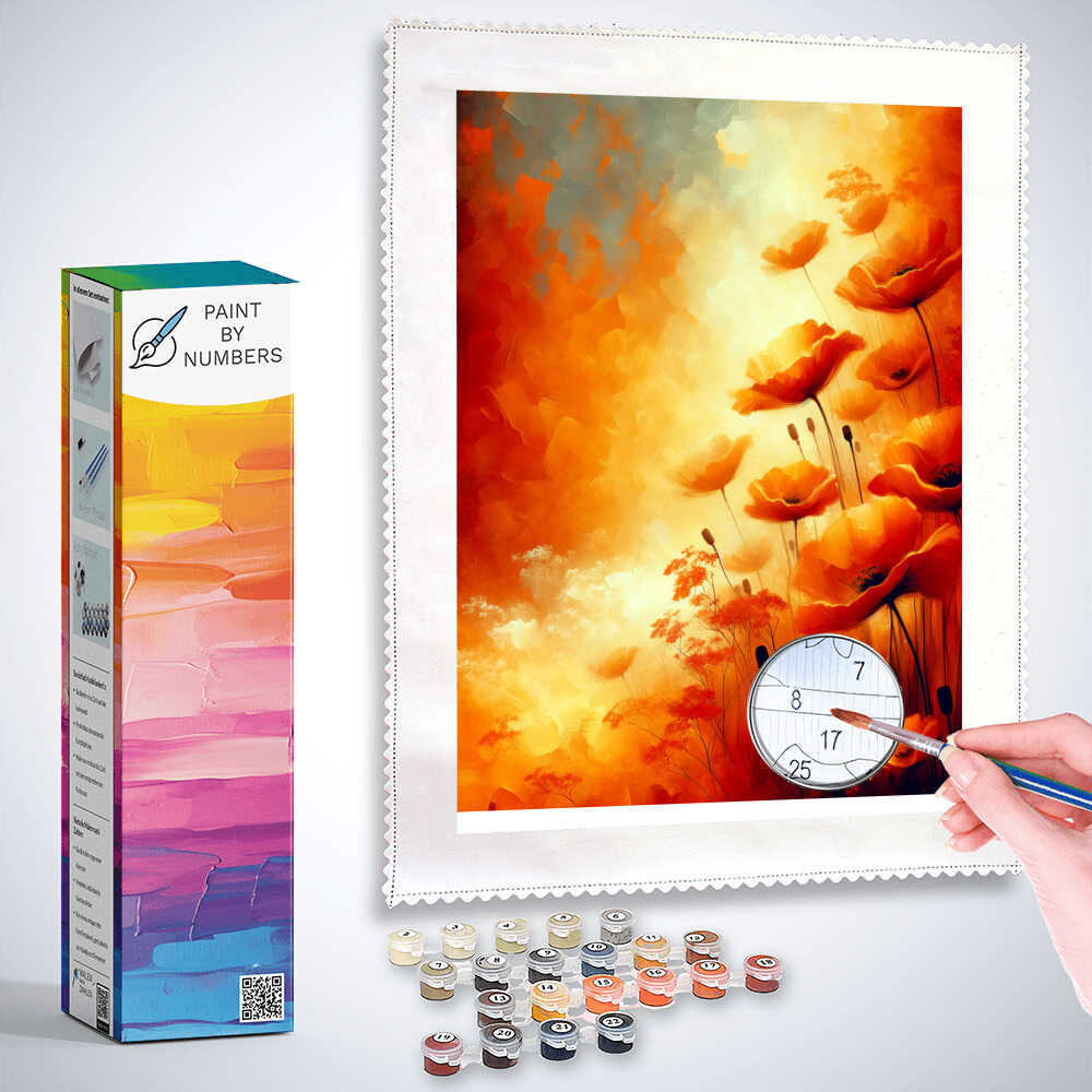 Poppies, background orange - Paint by Numbers