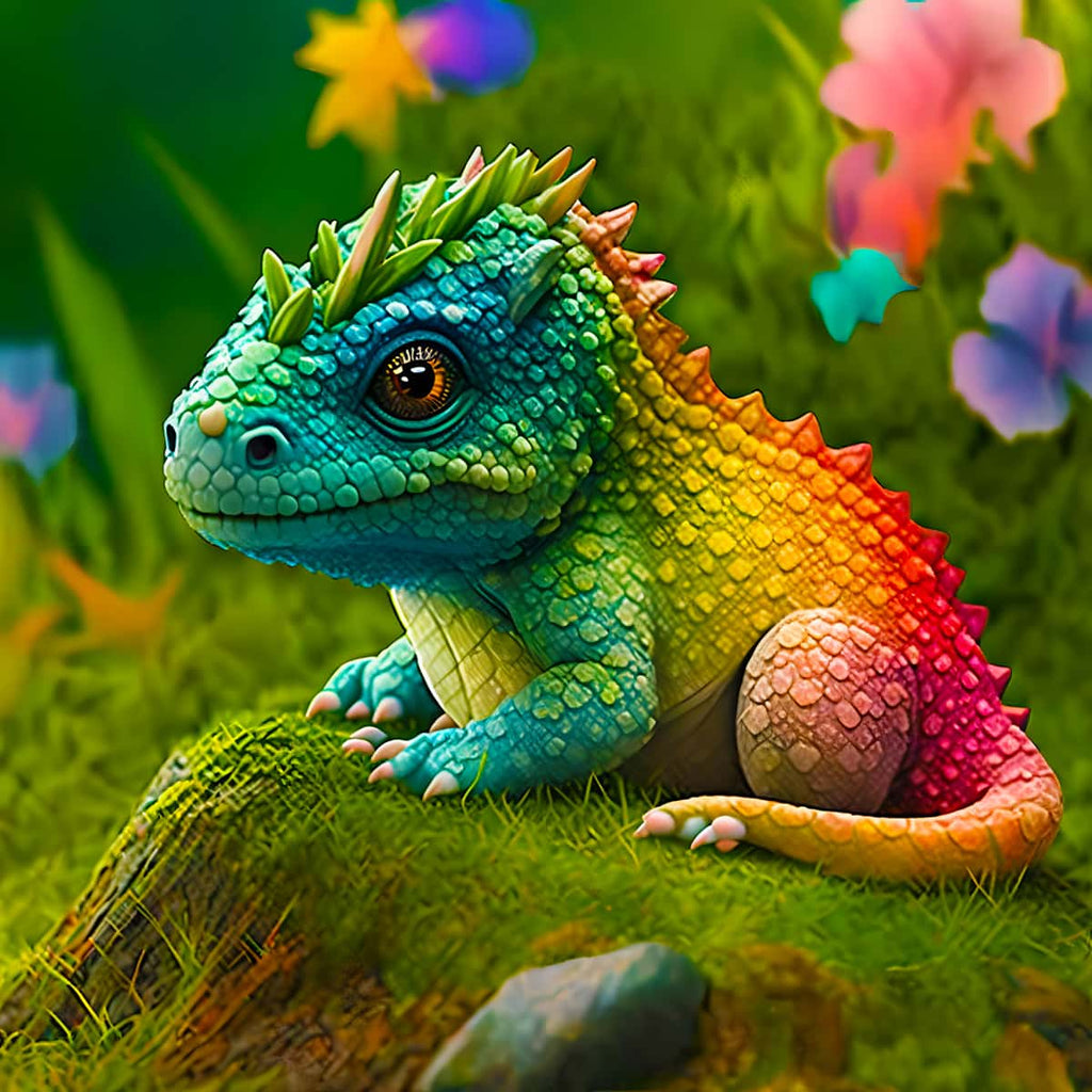 Baby dragon on meadow diamond painting kit, featuring a colorful dragon on a grassy hill with flowers, perfect for paint by numbers art projects.