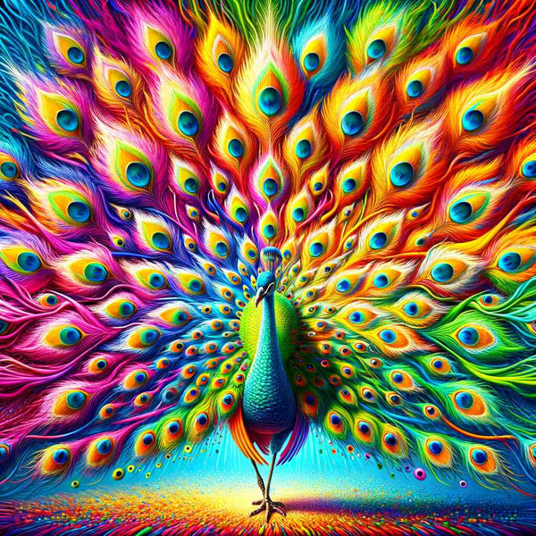 Paint by Numbers vibrant peacock with abstract multicolored feathers showcasing blue, green, and orange tones, titled Color Explosion of Peacock Pride