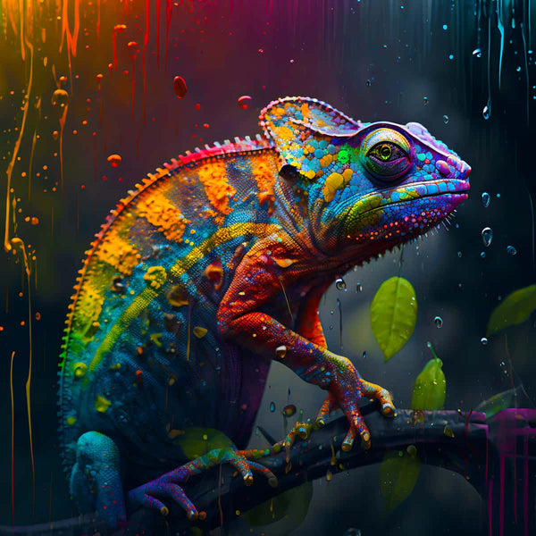 Malen nach Zahlen - Chamäleon im Regen farbenfroh - hochwertige Leinwand - 170523, Chamäleon, Neu eingetroffen, Quadratisch, Tiere
