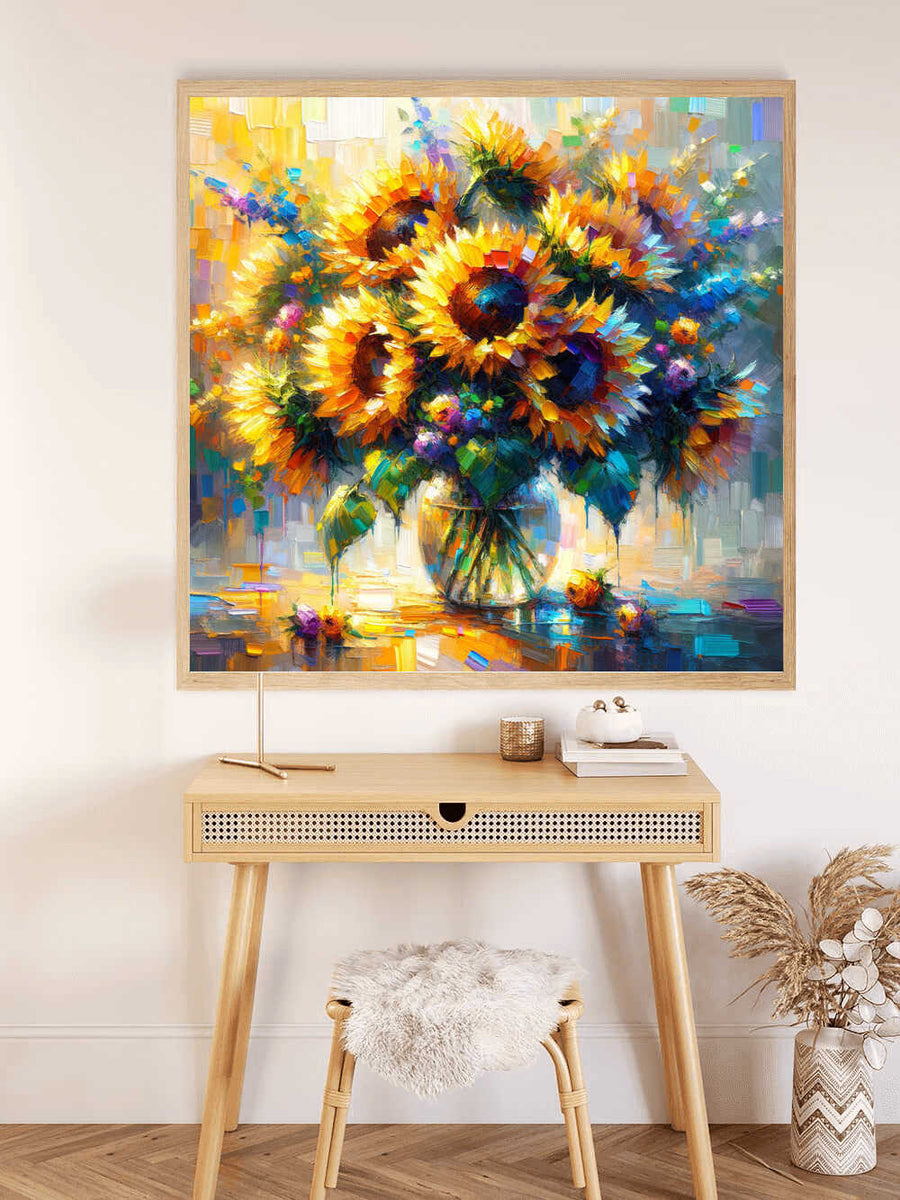Paint by Numbers artwork "Sunshine and Play of Colors" featuring a vibrant vase of golden yellow sunflowers in an impressionistic style.