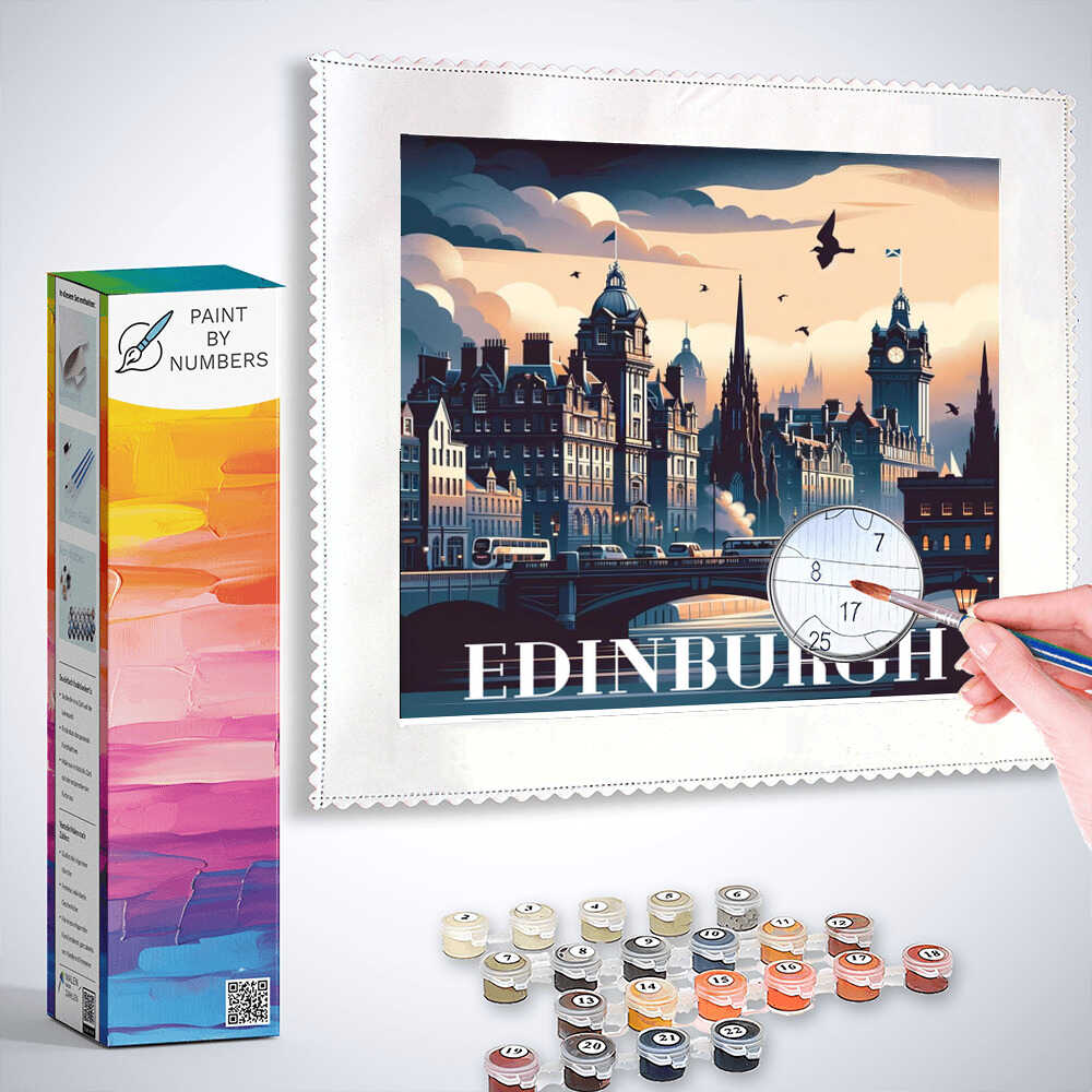 Paint by Numbers kit depicting Shadows over Edinburgh with Gothic towers, vibrant hues, and a mysterious evening atmosphere.
