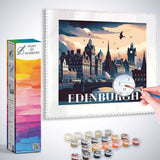 Paint by Numbers kit depicting Shadows over Edinburgh with Gothic towers, vibrant hues, and a mysterious evening atmosphere.