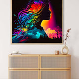 Diamond Painting - Magic Lady in Profile, Paint by Numbers kit. Vibrant colors and artistic profile displayed above modern wood dresser.