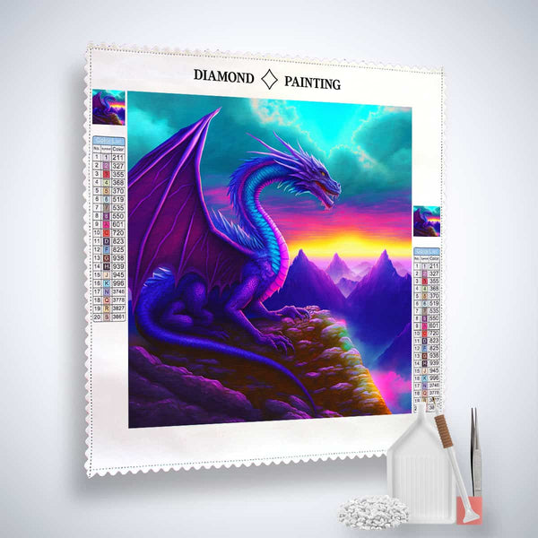 Diamond Painting Kit - Earth Guardians featuring a majestic dragon with a sunset background, professional canvas, and painting tools.