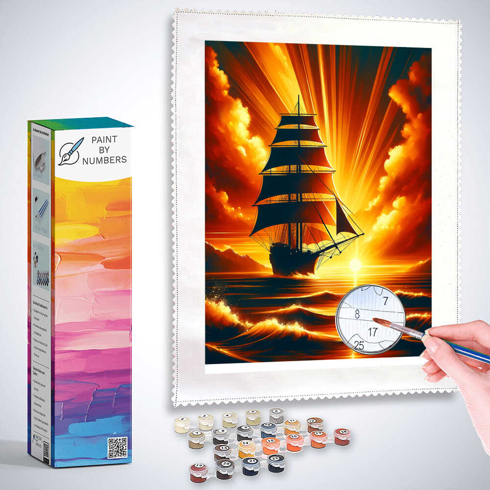 Sailing ship in front of the sun - Paint by Numbers