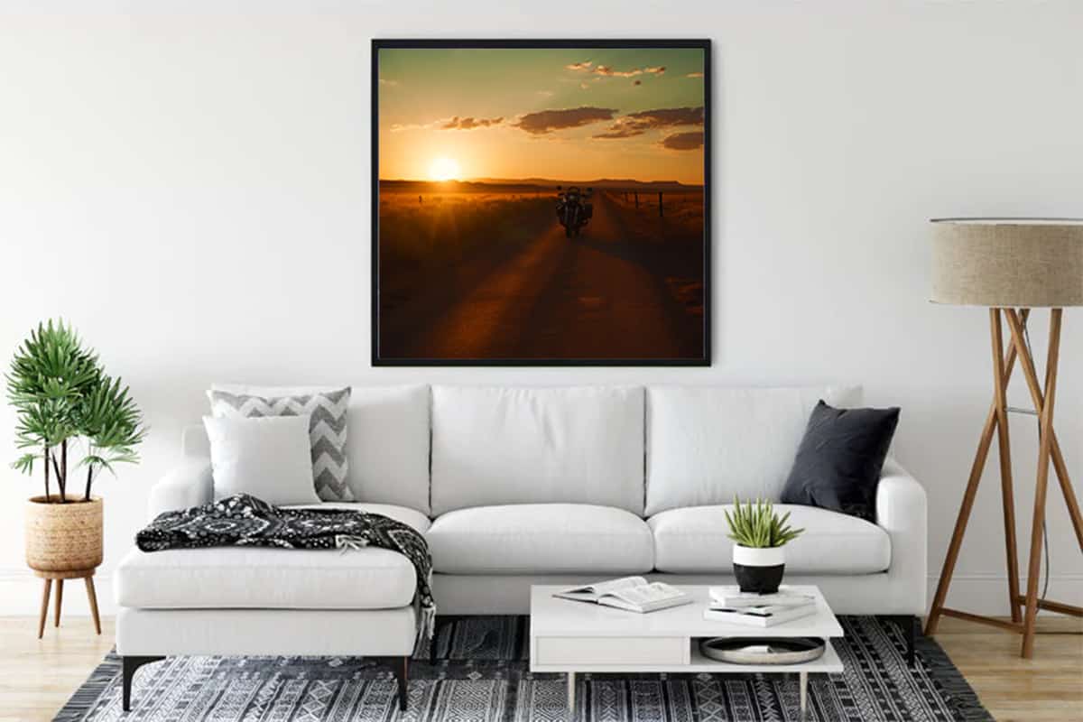 Diamond Painting Kit titled "Rebellious Machine" displayed as wall art in a modern living room setup.