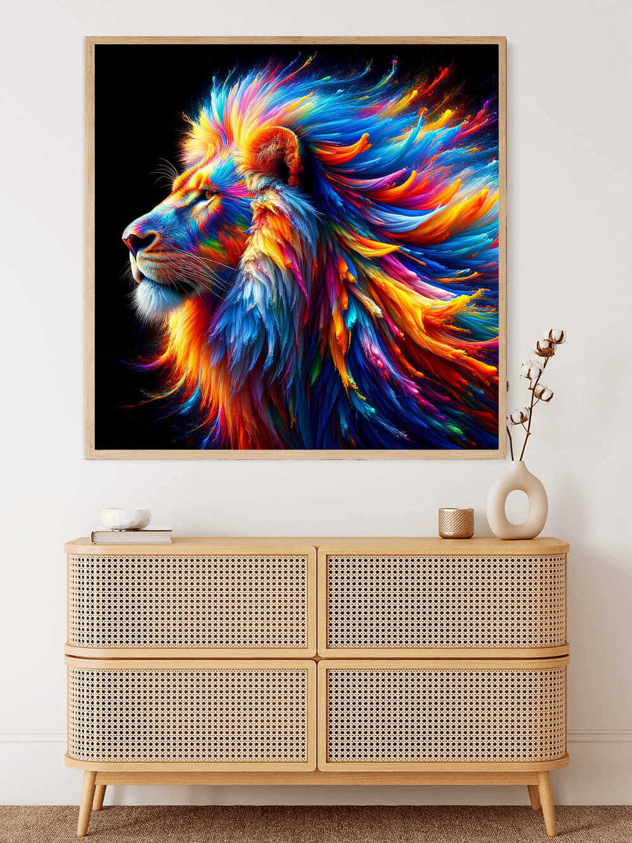 Paint by Numbers artwork of a majestic lion with a vibrant multicolored mane, displayed above a wooden cabinet in a modern room.