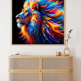 Paint by Numbers artwork of a majestic lion with a vibrant multicolored mane, displayed above a wooden cabinet in a modern room.