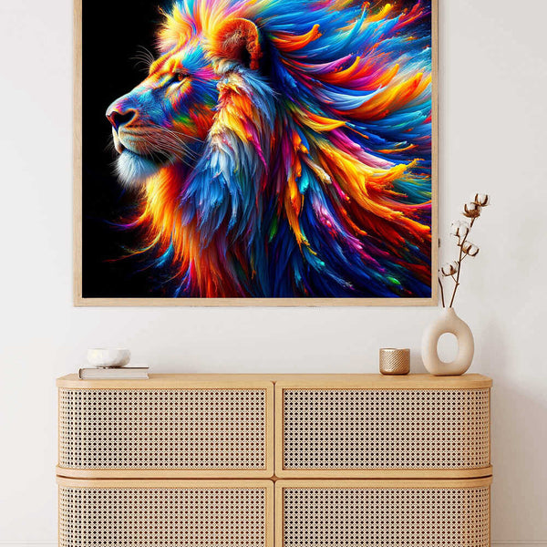 Paint by Numbers artwork of a majestic lion with a vibrant multicolored mane, displayed above a wooden cabinet in a modern room.