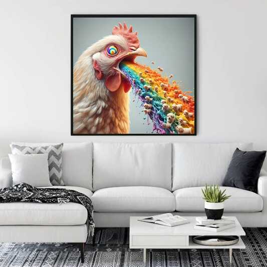 Paint by Numbers artwork of a rooster spewing a rainbow of vibrant colors with playful dogs into a modern living room.