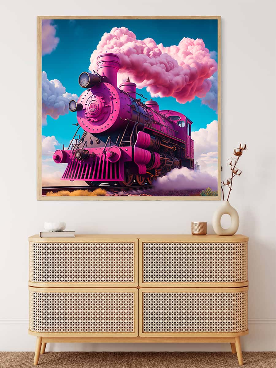 AB Diamond Painting - Pink Fantasy Train wall art displayed above a wicker cabinet, perfect for paint by numbers enthusiasts.