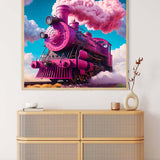 AB Diamond Painting - Pink Fantasy Train wall art displayed above a wicker cabinet, perfect for paint by numbers enthusiasts.