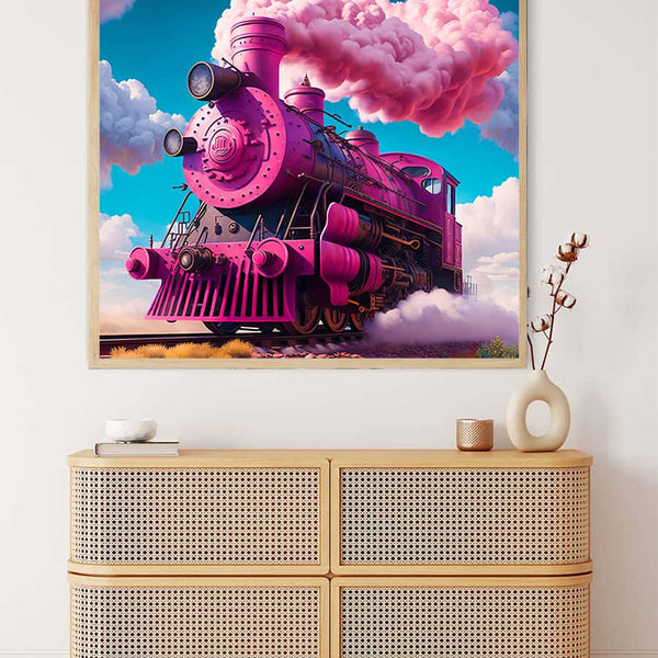 AB Diamond Painting - Pink Fantasy Train wall art displayed above a wicker cabinet, perfect for paint by numbers enthusiasts.