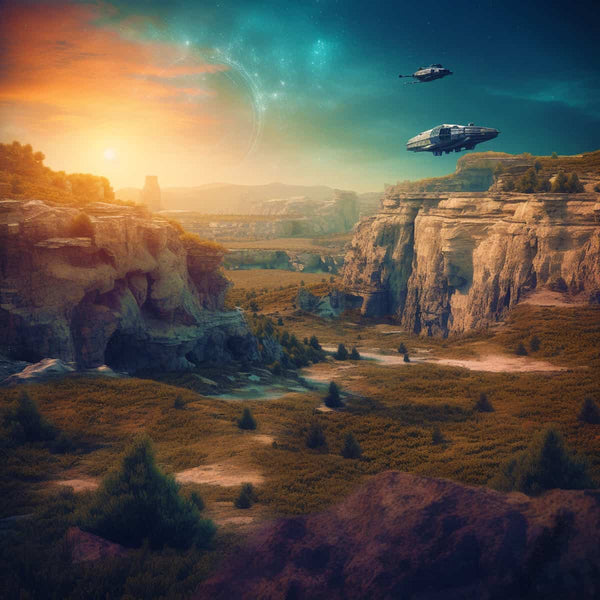 Fantasy landscape green sunset with cliffs and futuristic spacecraft in sky, diamond painting kit for paint by numbers
