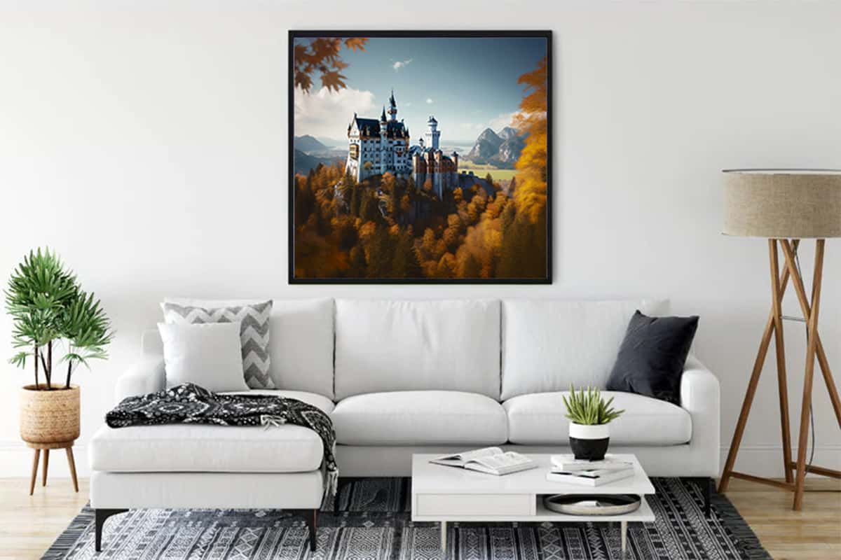 Diamond Painting of Neuschwanstein Castle on canvas displayed in modern living room – Paint by Numbers kit art project