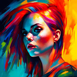 Vibrant diamond painting of a futuristic woman with colorful hair and intense expression. Perfect for paint by numbers art enthusiasts.
