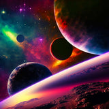 Diamond Painting - Milky Way Journey, vibrant planets and colorful cosmic background for sparkling paint by numbers art kit.
