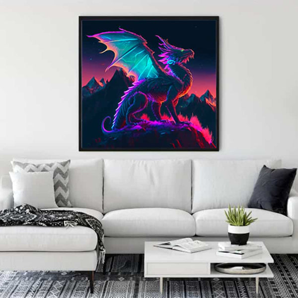 Modern living room with a framed Diamond Painting - Flame Path featuring a dragon with glowing wings above the sofa.